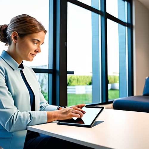 Home 4 A modern individual, mid-30s, fully clothed in professional, modest attire, is engaged with a smartwatch on their wrist and a tablet displaying a health application. They are sitting comfortably in a brightly lit, contemporary home office, with natural light streaming in from a large window. The atmosphere is calm and focused, emphasizing proactive health management through technology. The individual has perfect anatomy, correct proportions, well-formed hands, proper finger count, and a natural pose. This image represents safe for work, appropriate content, fully clothed, and a family-friendly perspective on digital health.