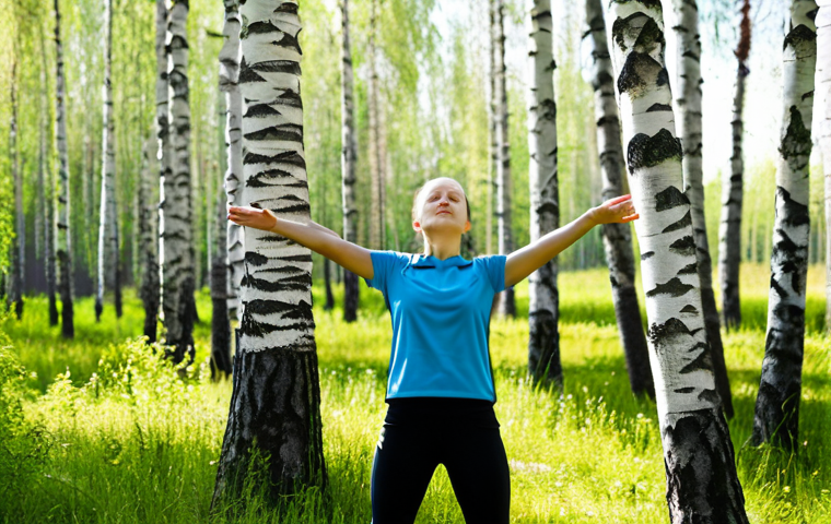 Respiratory Exercise in Nature**

"A woman in sportswear practicing deep breathing exercises in a birch forest near Moscow, fully clothed, modest clothing, appropriate attire, safe for work, perfect anatomy, correct proportions, natural pose, professional photography, sunlight filtering through trees, high quality, serene atmosphere, focusing on healthy lifestyle and well-being, family-friendly."

**
