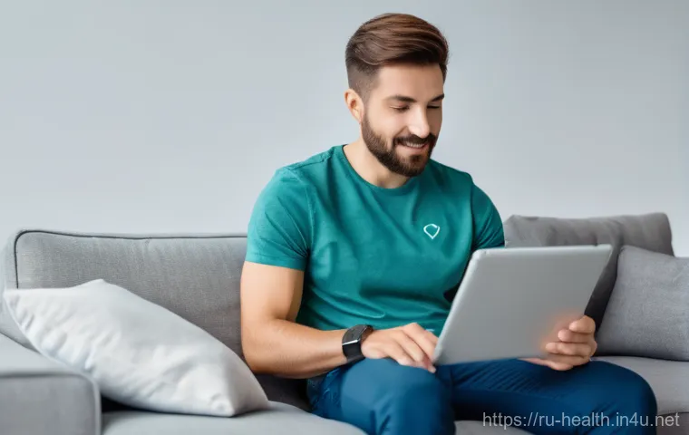 보건학 사례 연구 - A bright, clean, and modern living room or home office. A young adult, male, in his early 30s, with ...