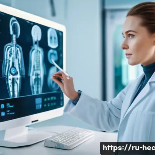 보건학과 보건 경제학 - A highly detailed, realistic image of a female Russian doctor in a modern, brightly lit clinic. She ...