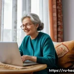 보건학에서의 원격 진료 - A middle-aged Russian woman comfortably seated in her cozy home living room, using a laptop for a te...