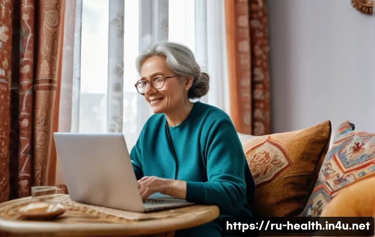보건학에서의 원격 진료 - A middle-aged Russian woman comfortably seated in her cozy home living room, using a laptop for a te...