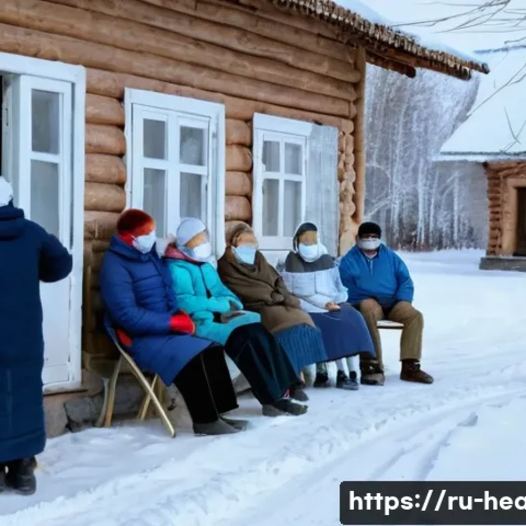 보건학과 보건 서비스 접근성 향상 - A detailed scene showing a rural Russian village medical clinic with a few elderly patients wearing ...
