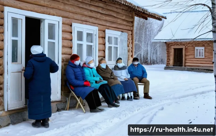보건학과 보건 서비스 접근성 향상 - A detailed scene showing a rural Russian village medical clinic with a few elderly patients wearing ...