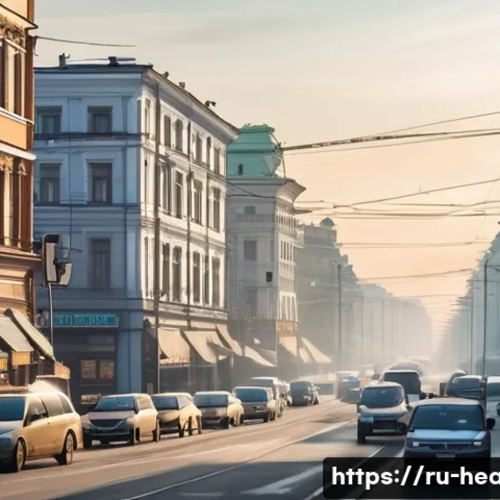 보건학과 환경 요인과 질병 - A detailed illustration of a busy urban street in Russia with visible smog and air pollution, showin...