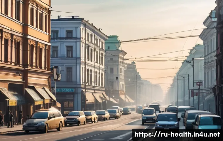 보건학과 환경 요인과 질병 - A detailed illustration of a busy urban street in Russia with visible smog and air pollution, showin...