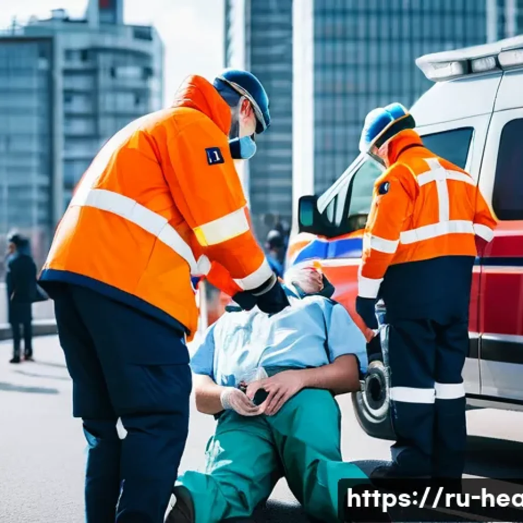 보건학과 응급 의료 - A detailed scene of a Russian emergency medical team performing a rapid primary assessment on a pati...