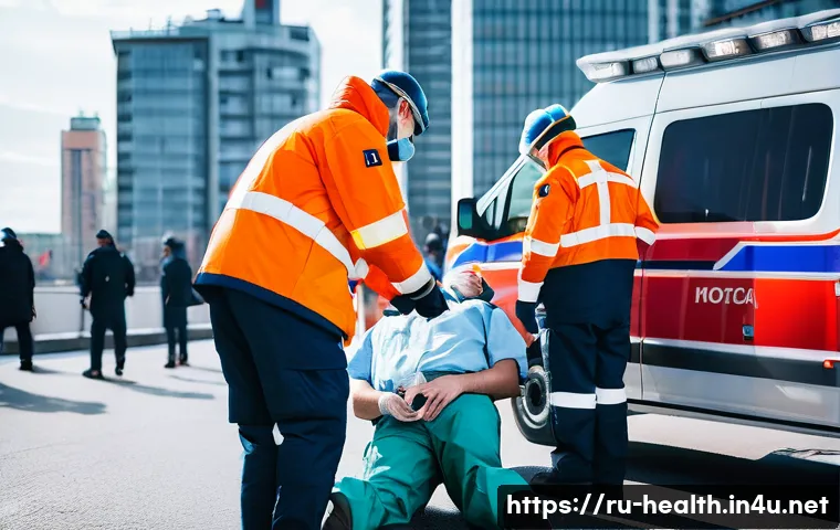 보건학과 응급 의료 - A detailed scene of a Russian emergency medical team performing a rapid primary assessment on a pati...