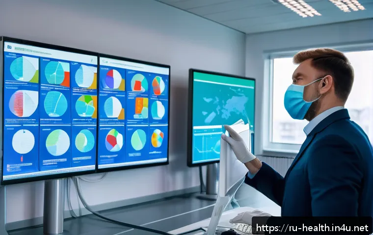 보건학 과목 세부 설명 - A modern public health professional team in a Russian urban setting, analyzing epidemiological data ...