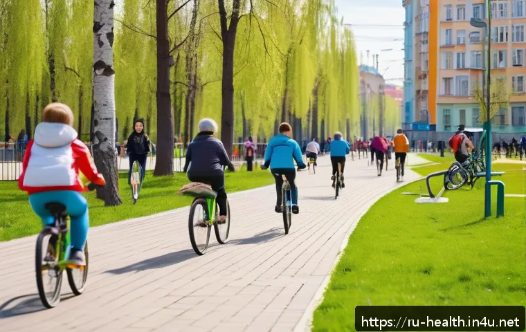 보건학과 질병 예방 전략 - A lively urban park scene in a Russian city during spring, featuring diverse people of all ages enga...