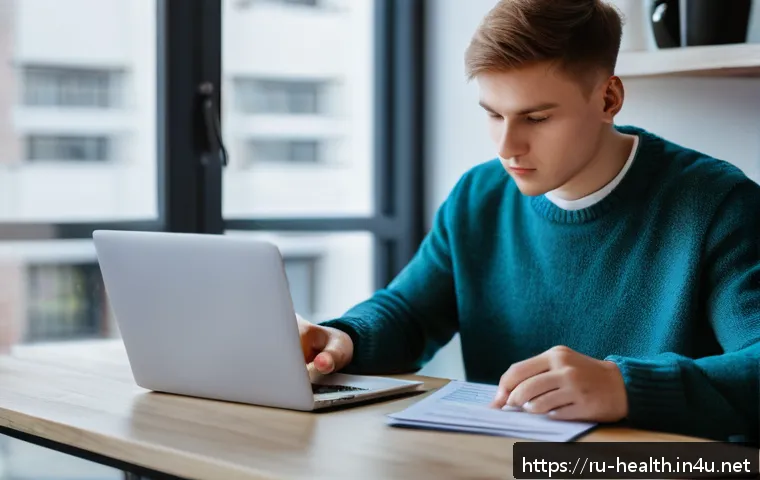 보건학과 의료 보험 - A young Russian student sitting at a desk in a modern apartment, studying medical insurance document...