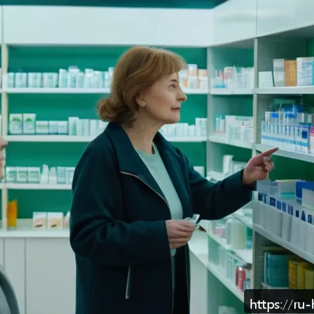 보건학과 의료비 절감 전략 - A cozy Russian pharmacy interior scene showing a middle-aged woman consulting a pharmacist at the co...