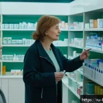 보건학과 의료비 절감 전략 - A cozy Russian pharmacy interior scene showing a middle-aged woman consulting a pharmacist at the co...