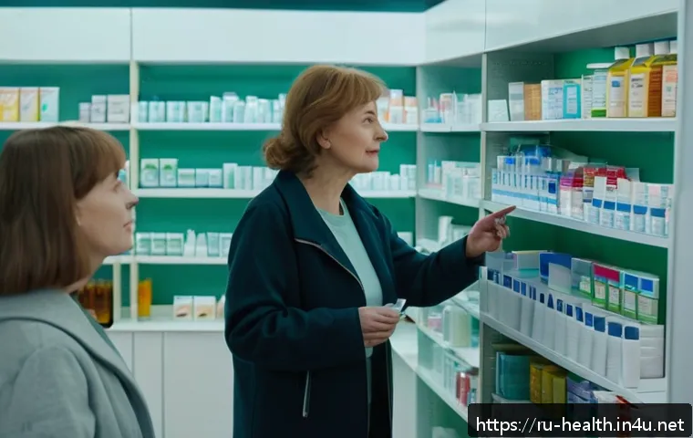 보건학과 의료비 절감 전략 - A cozy Russian pharmacy interior scene showing a middle-aged woman consulting a pharmacist at the co...
