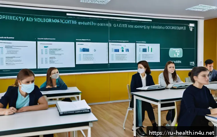 보건학 석사 과정 - A modern university classroom scene in Russia focused on public health master's students attending a...
