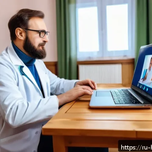 보건학과 공공 의료 혁신 - A modern telemedicine consultation scene set in a cozy, modest Russian countryside home, showing a m...