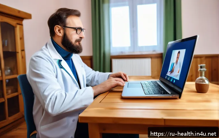 보건학과 공공 의료 혁신 - A modern telemedicine consultation scene set in a cozy, modest Russian countryside home, showing a m...