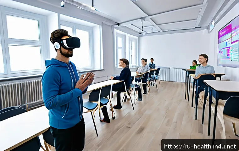 보건학과 보건 교육 및 홍보 - A modern classroom setting in Russia where diverse adult learners engage with virtual reality health...