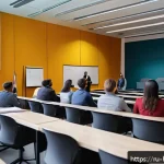 보건학 대학원 진학 - A diverse group of graduate students in a modern university lecture hall engaged in a public health ...