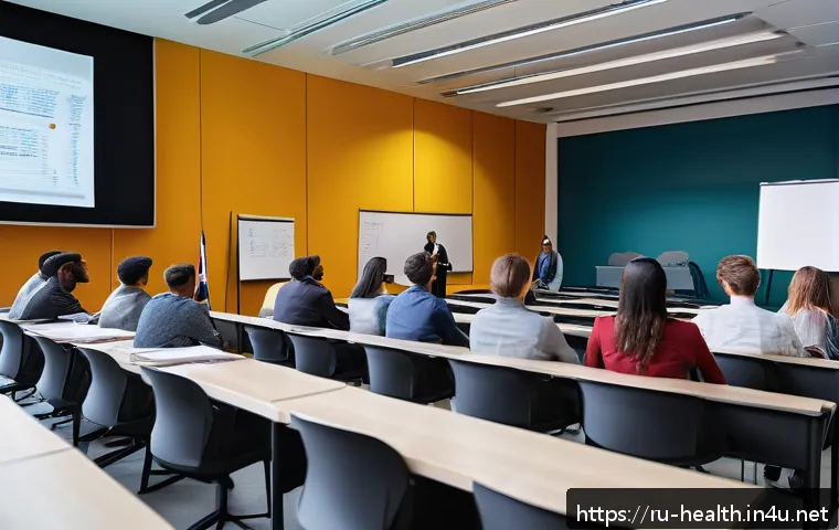 보건학 대학원 진학 - A diverse group of graduate students in a modern university lecture hall engaged in a public health ...