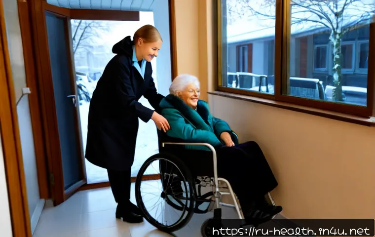 Home 17 보건학과 의료 서비스 접근성 - Photorealistic scene of a Russian public health student assisting an elderly woman at a modern commu...