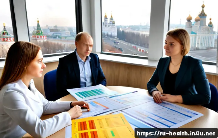 Home 17 보건학과 건강 정책 제정 - Photorealistic public health policy workshop in a modern Russian municipal office, diverse team of h...